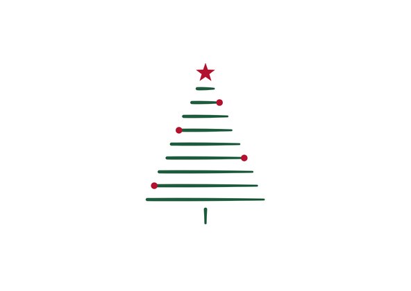 Motiv 04: Tannenbaum aus grünen Pinselstrichen mit rotem Stern und roten Kugeln auf Weiß