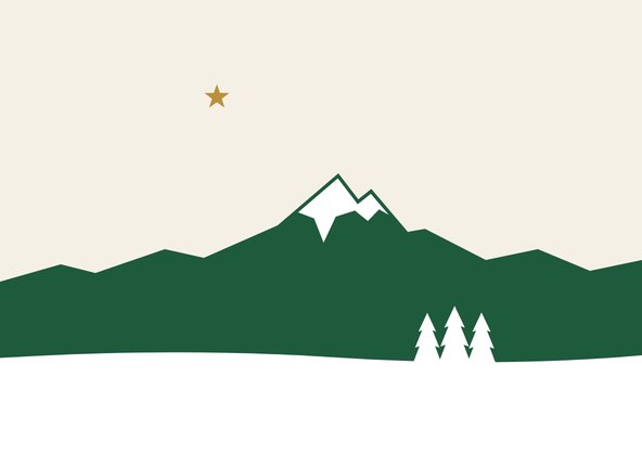 Motiv 08: Grünes Alpenmassiv mit Schneegipfel, goldenem Stern und drei weißen Tannen